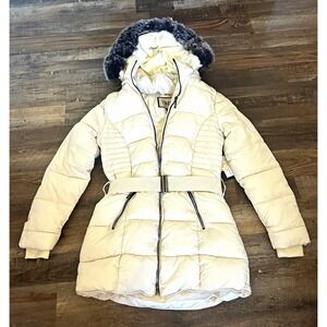 YMI Collection Women's White Hooded Belted Puffer Coat w/ Faux Fur Trim Size S